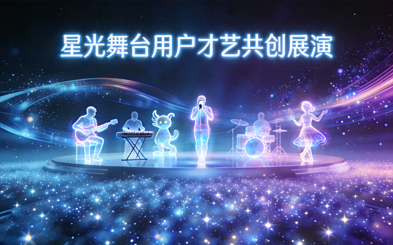 星光舞台用户才艺共创展演概念图 - 一个巨大的虚拟舞台上，多个全息虚拟形象正在共同进行音乐表演，台下是璀璨的星光海洋